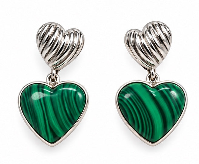 Malachite Heart Earrings – Silver 950