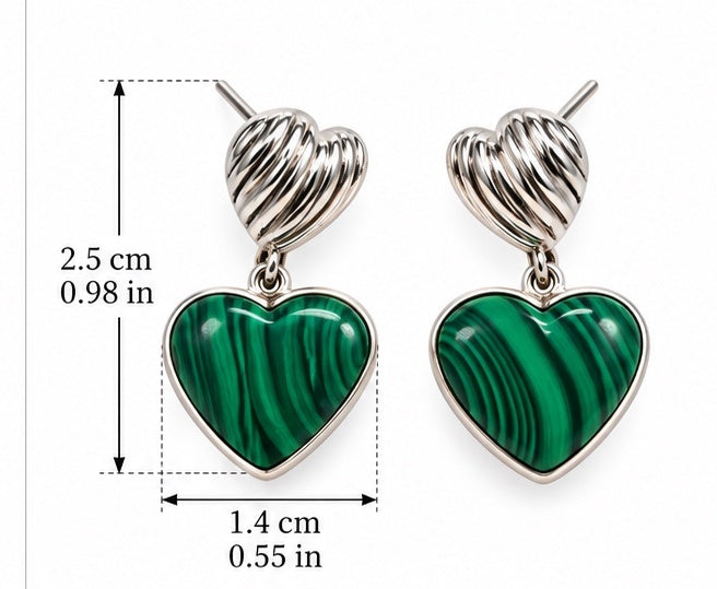 Malachite Heart Earrings – Silver 950