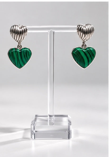 Malachite Heart Earrings – Silver 950