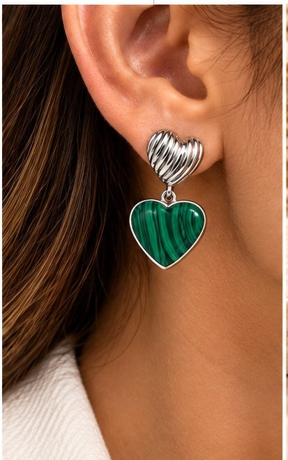 Malachite Heart Earrings – Silver 950