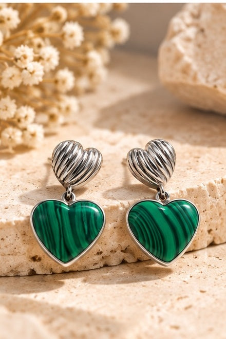 Malachite Heart Earrings – Silver 950
