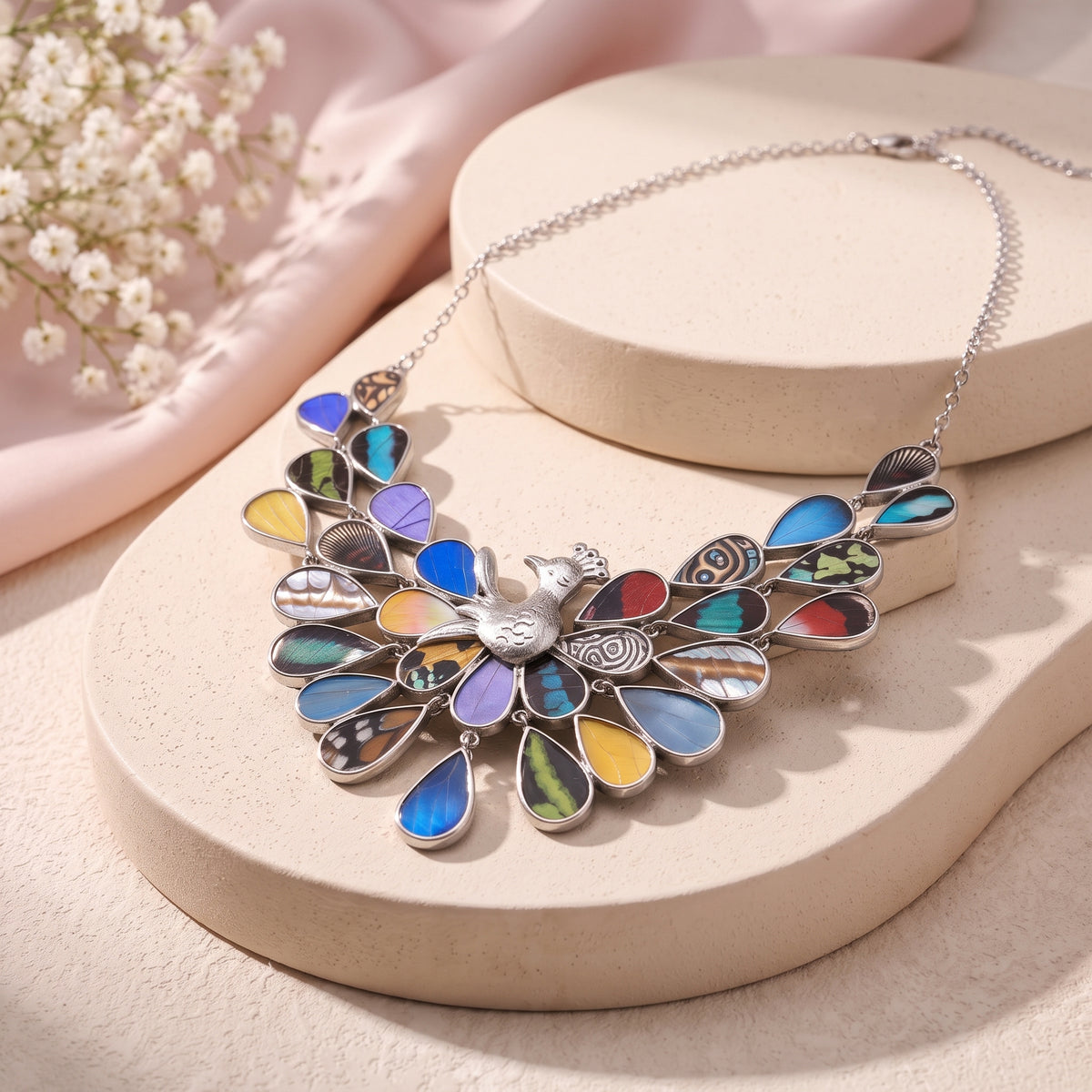 Butterfly Wings Peacock Masterpiece – Silver 950 Necklace & Earrings Set